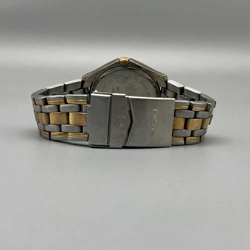 Vtg Elgin FCM215 Mens Watch 38mm Blue Dial Two Tone Day Date New Battery 7.25